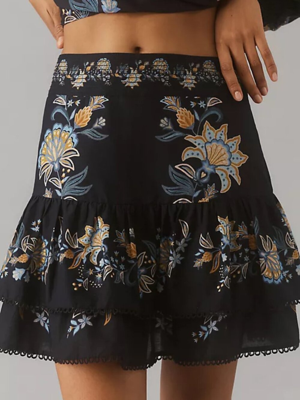 Farm Rio Stitched Garden Mini Skirt Tiered Ruffled Floral Eyelet Black NWT XL